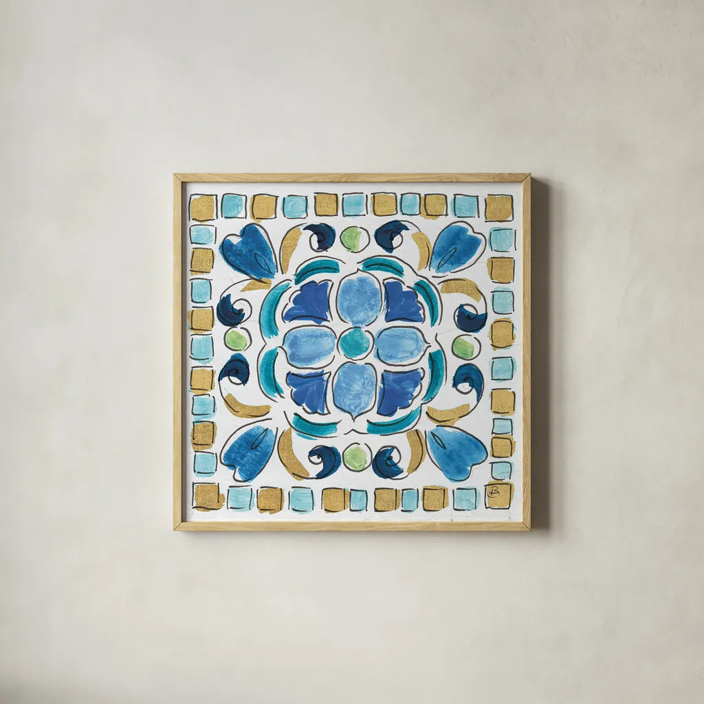 Peacock Allegory VII by Daphne Brissonnet. Shown in a natural wood glass frame for a timeless modern aesthetic. Available as an archival giclee rolled canvas, fine art paper, or poster print. SKU 37514a.