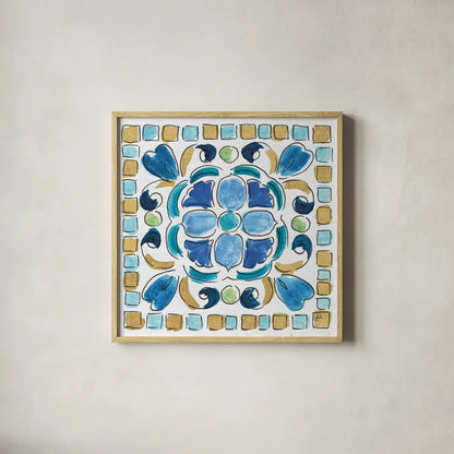 Peacock Allegory VII by Daphne Brissonnet. Shown in a natural wood glass frame for a timeless modern aesthetic. Available as an archival giclee rolled canvas, fine art paper, or poster print. SKU 37514a.