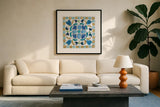 Peacock Allegory VII by Daphne Brissonnet. Displayed in a glass frame with matte in a clean modern living room. Available as an archival giclee rolled canvas, fine art paper, or poster print. SKU 37514a.