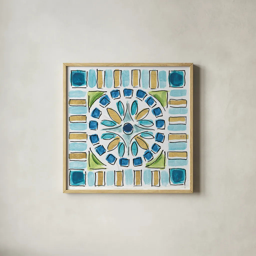 Peacock Allegory VIII by Daphne Brissonnet. Shown in a natural wood glass frame for a timeless modern aesthetic. Available as an archival giclee rolled canvas, fine art paper, or poster print. SKU 37515a.