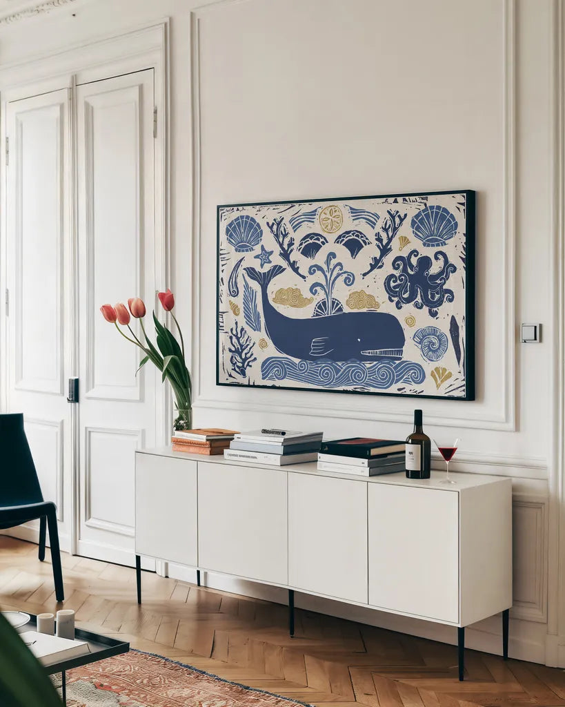 Primitive Sea I by Daphne Brissonnet. shown as a framed stretched canvas in a living room above a console. Available as a archival giclee rolled canvas, fine art paper, or poster print. SKU 63854i.