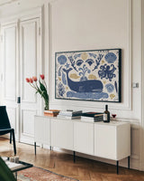 Primitive Sea I by Daphne Brissonnet. shown as a framed stretched canvas in a living room above a console. Available as a archival giclee rolled canvas, fine art paper, or poster print. SKU 63854i.