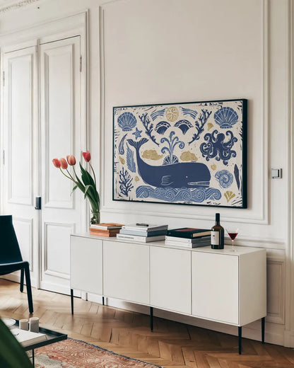 Primitive Sea I by Daphne Brissonnet. shown as a framed stretched canvas in a living room above a console. Available as a archival giclee rolled canvas, fine art paper, or poster print. SKU 63854i.