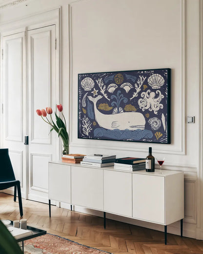 Primitive Sea I Dark by Daphne Brissonnet. shown as a framed stretched canvas in a living room above a console. Available as a archival giclee rolled canvas, fine art paper, or poster print. SKU 63862i.