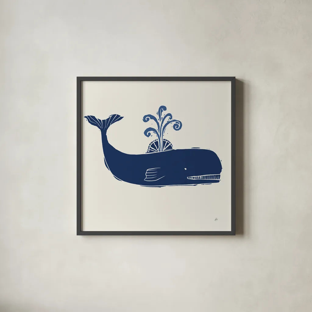 Primitive Sea I Navy by Daphne Brissonnet. Shown in a sleek black glass frame for a contemporary gallery look. Available as an archival giclee rolled canvas, fine art paper, or poster print. SKU 65664a.
