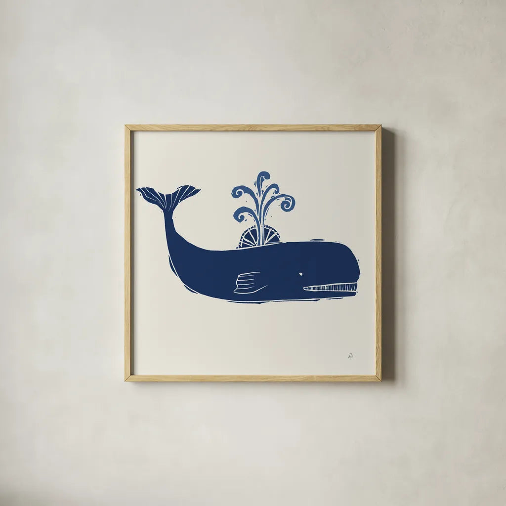 Primitive Sea I Navy by Daphne Brissonnet. Shown in a natural wood glass frame for a timeless modern aesthetic. Available as an archival giclee rolled canvas, fine art paper, or poster print. SKU 65664a.