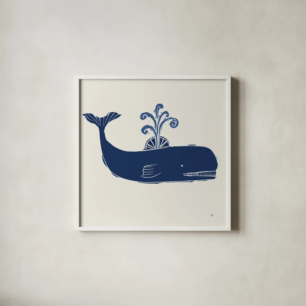 Primitive Sea I Navy by Daphne Brissonnet. Shown in a crisp white glass frame for a clean and minimalist style. Available as an archival giclee rolled canvas, fine art paper, or poster print. SKU 65664a.