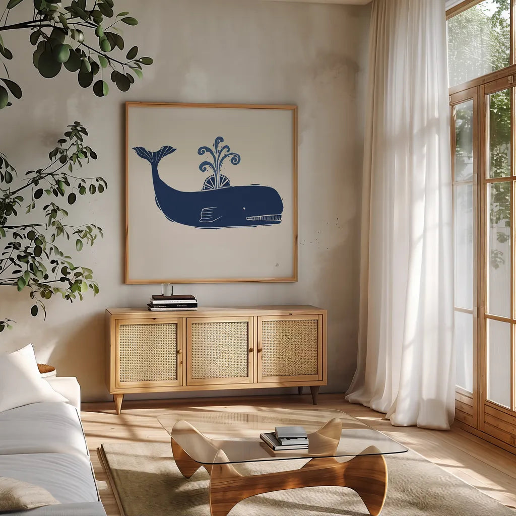 Primitive Sea I Navy by Daphne Brissonnet. Shown in a natural wood frame in a cozy modern living room. Available as an archival giclee rolled canvas, fine art paper, or poster print. SKU 65664a.