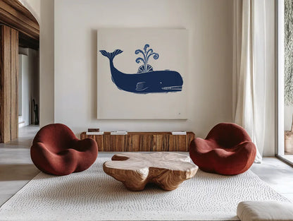 Primitive Sea I Navy by Daphne Brissonnet. Shown as extra-large giant wall art in a modern living room. Available as an archival giclee rolled canvas, fine art paper, or poster print. SKU 65664a.
