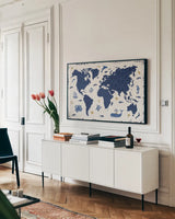 Primitive Sea II by Daphne Brissonnet. shown as a framed stretched canvas in a living room above a console. Available as a archival giclee rolled canvas, fine art paper, or poster print. SKU 63855i.