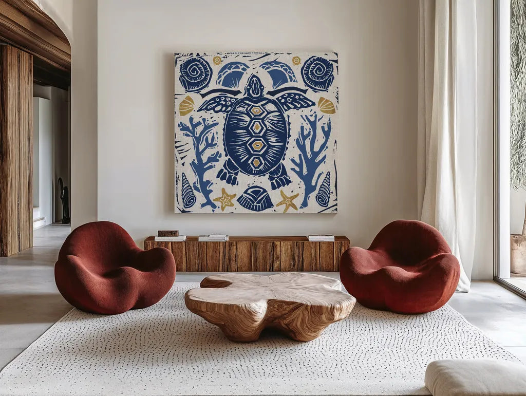 Primitive Sea III by Daphne Brissonnet. Shown as extra-large giant wall art in a modern living room. Available as an archival giclee rolled canvas, fine art paper, or poster print. SKU 63856a.