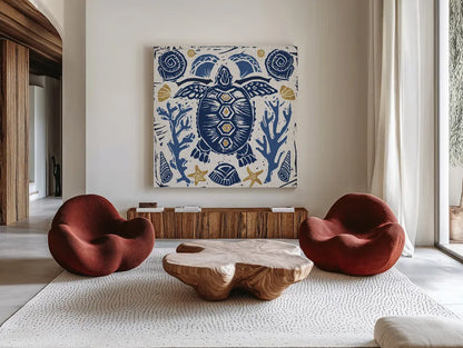 Primitive Sea III by Daphne Brissonnet. Shown as extra-large giant wall art in a modern living room. Available as an archival giclee rolled canvas, fine art paper, or poster print. SKU 63856a.