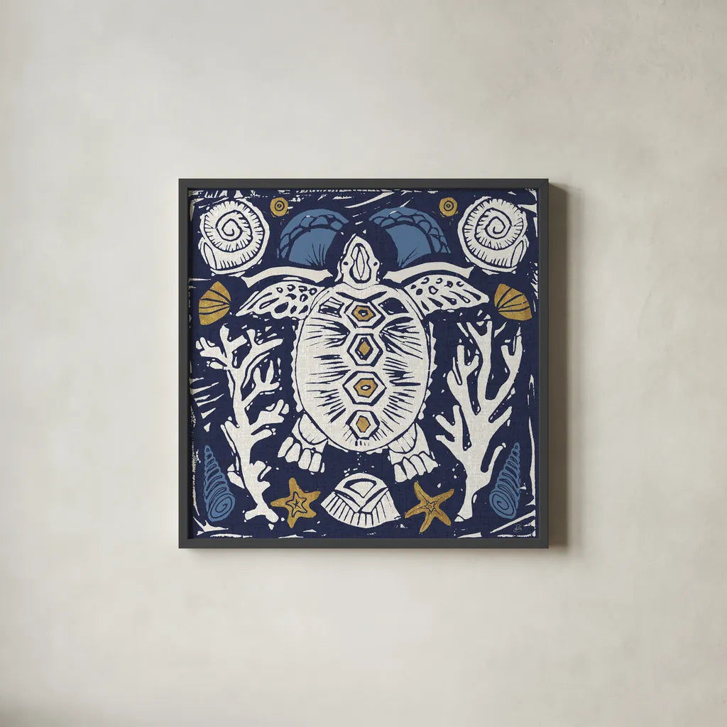 Primitive Sea III Dark by Daphne Brissonnet. Shown in a sleek black glass frame for a contemporary gallery look. Available as an archival giclee rolled canvas, fine art paper, or poster print. SKU 63864a.