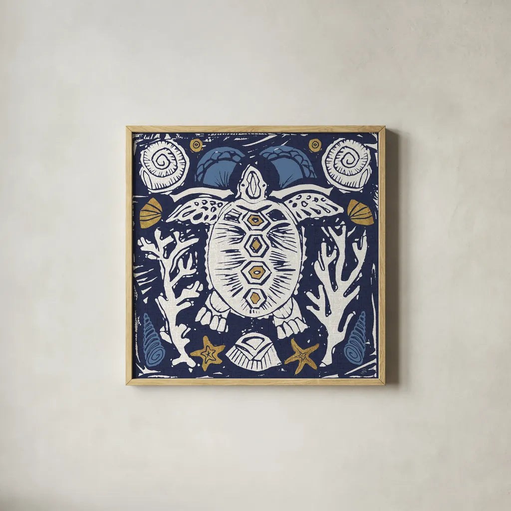 Primitive Sea III Dark by Daphne Brissonnet. Shown in a natural wood glass frame for a timeless modern aesthetic. Available as an archival giclee rolled canvas, fine art paper, or poster print. SKU 63864a.