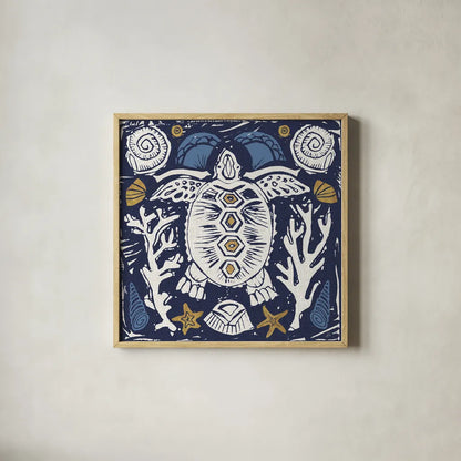 Primitive Sea III Dark by Daphne Brissonnet. Shown in a natural wood glass frame for a timeless modern aesthetic. Available as an archival giclee rolled canvas, fine art paper, or poster print. SKU 63864a.