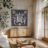 Primitive Sea III Dark by Daphne Brissonnet. Shown in a natural wood frame in a cozy modern living room. Available as an archival giclee rolled canvas, fine art paper, or poster print. SKU 63864a.
