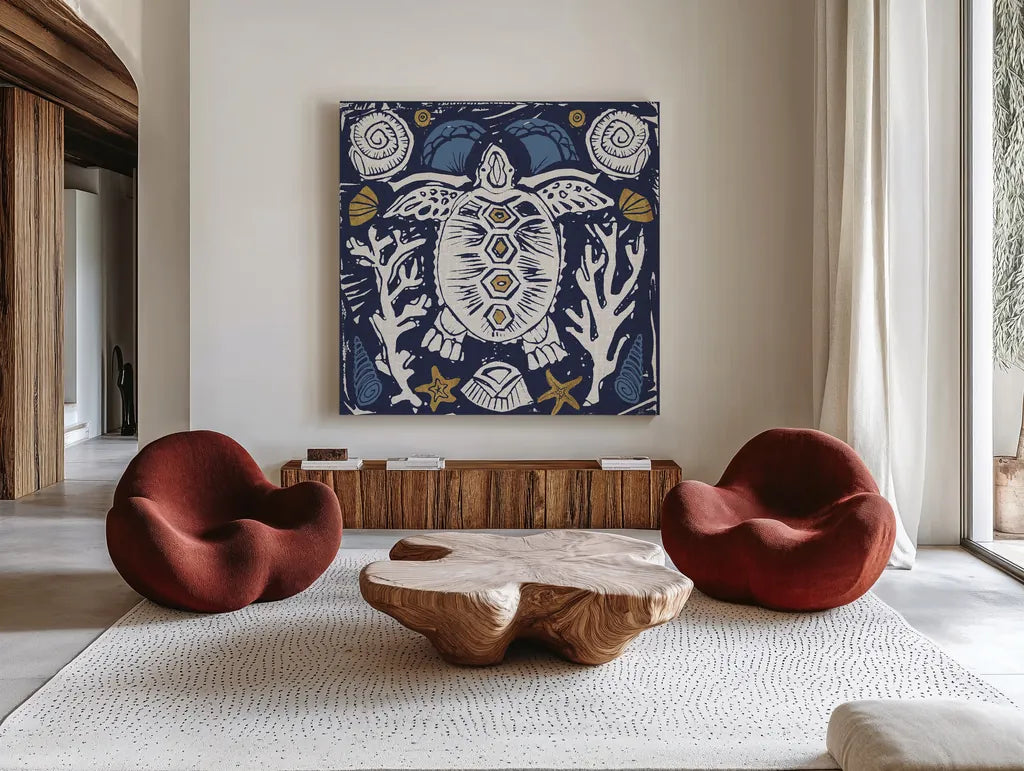 Primitive Sea III Dark by Daphne Brissonnet. Shown as extra-large giant wall art in a modern living room. Available as an archival giclee rolled canvas, fine art paper, or poster print. SKU 63864a.