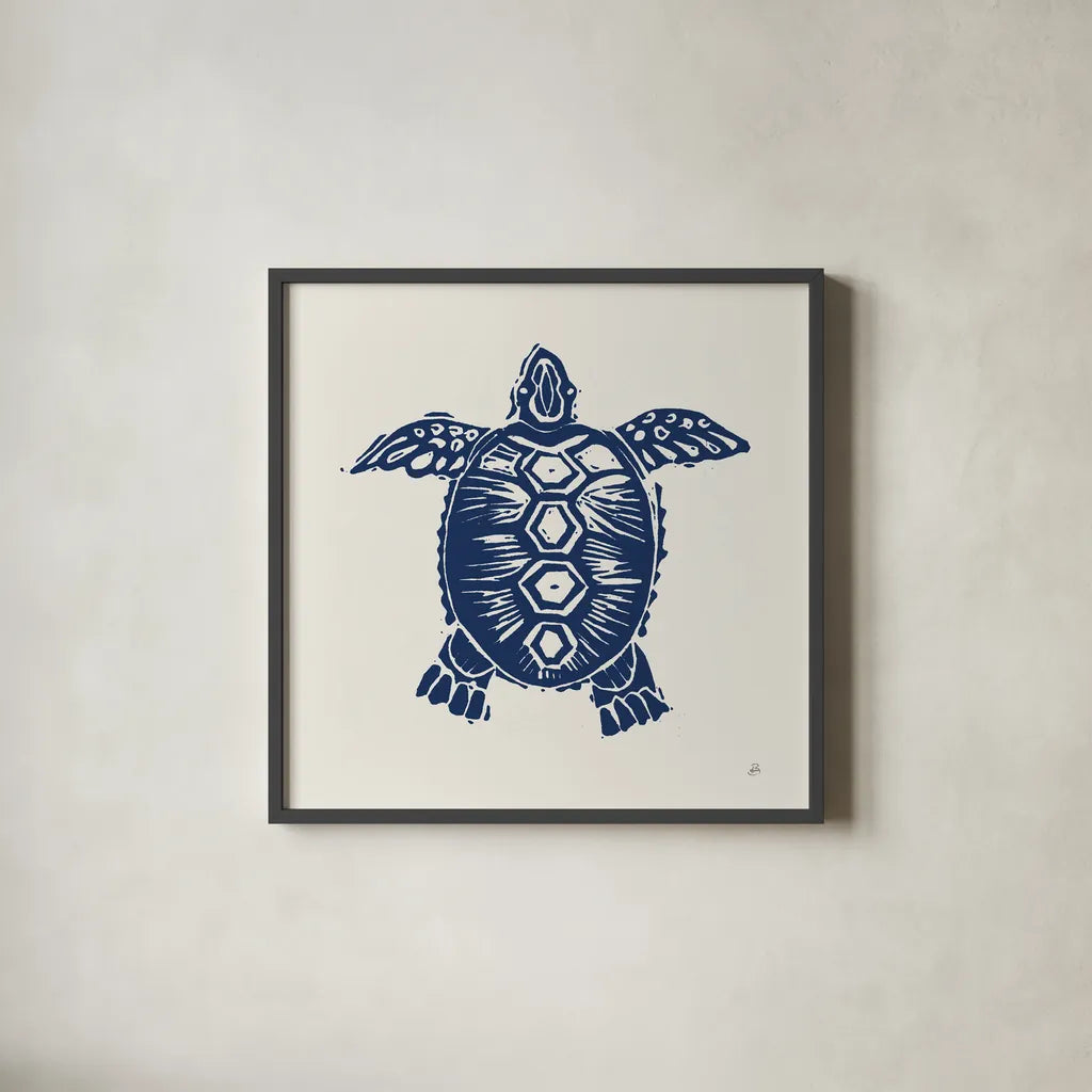 Primitive Sea III Navy by Daphne Brissonnet. Shown in a sleek black glass frame for a contemporary gallery look. Available as an archival giclee rolled canvas, fine art paper, or poster print. SKU 65665a.