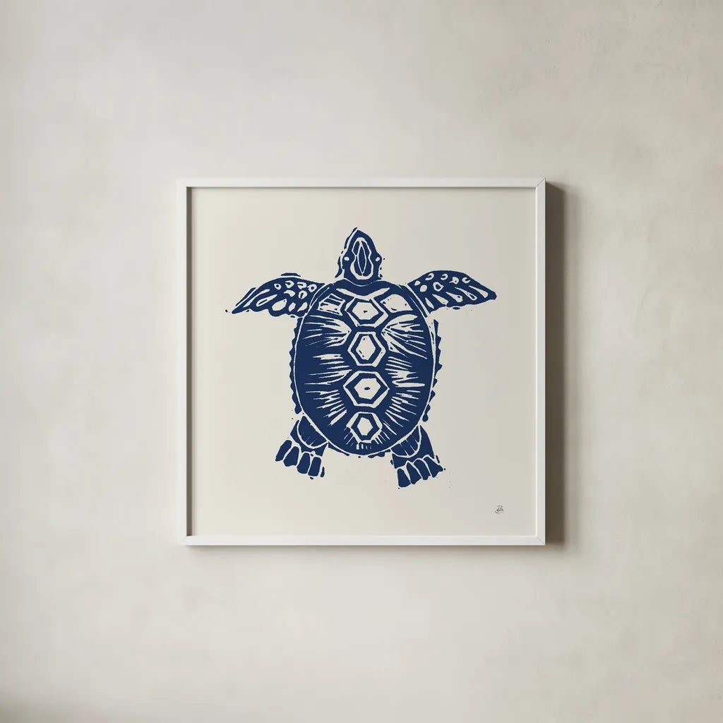 Primitive Sea III Navy by Daphne Brissonnet. Shown in a crisp white glass frame for a clean and minimalist style. Available as an archival giclee rolled canvas, fine art paper, or poster print. SKU 65665a.