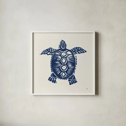 Primitive Sea III Navy by Daphne Brissonnet. Shown in a crisp white glass frame for a clean and minimalist style. Available as an archival giclee rolled canvas, fine art paper, or poster print. SKU 65665a.