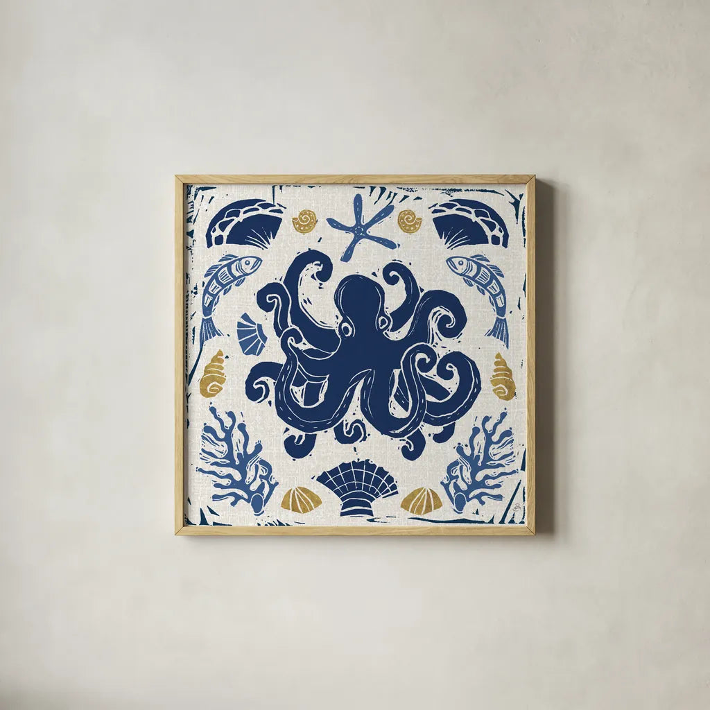 Primitive Sea IV by Daphne Brissonnet. Shown in a natural wood glass frame for a timeless modern aesthetic. Available as an archival giclee rolled canvas, fine art paper, or poster print. SKU 63857a.