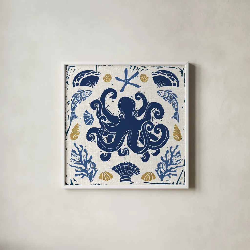 Primitive Sea IV by Daphne Brissonnet. Shown in a crisp white glass frame for a clean and minimalist style. Available as an archival giclee rolled canvas, fine art paper, or poster print. SKU 63857a.