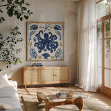 Primitive Sea IV by Daphne Brissonnet. Shown in a natural wood frame in a cozy modern living room. Available as an archival giclee rolled canvas, fine art paper, or poster print. SKU 63857a.