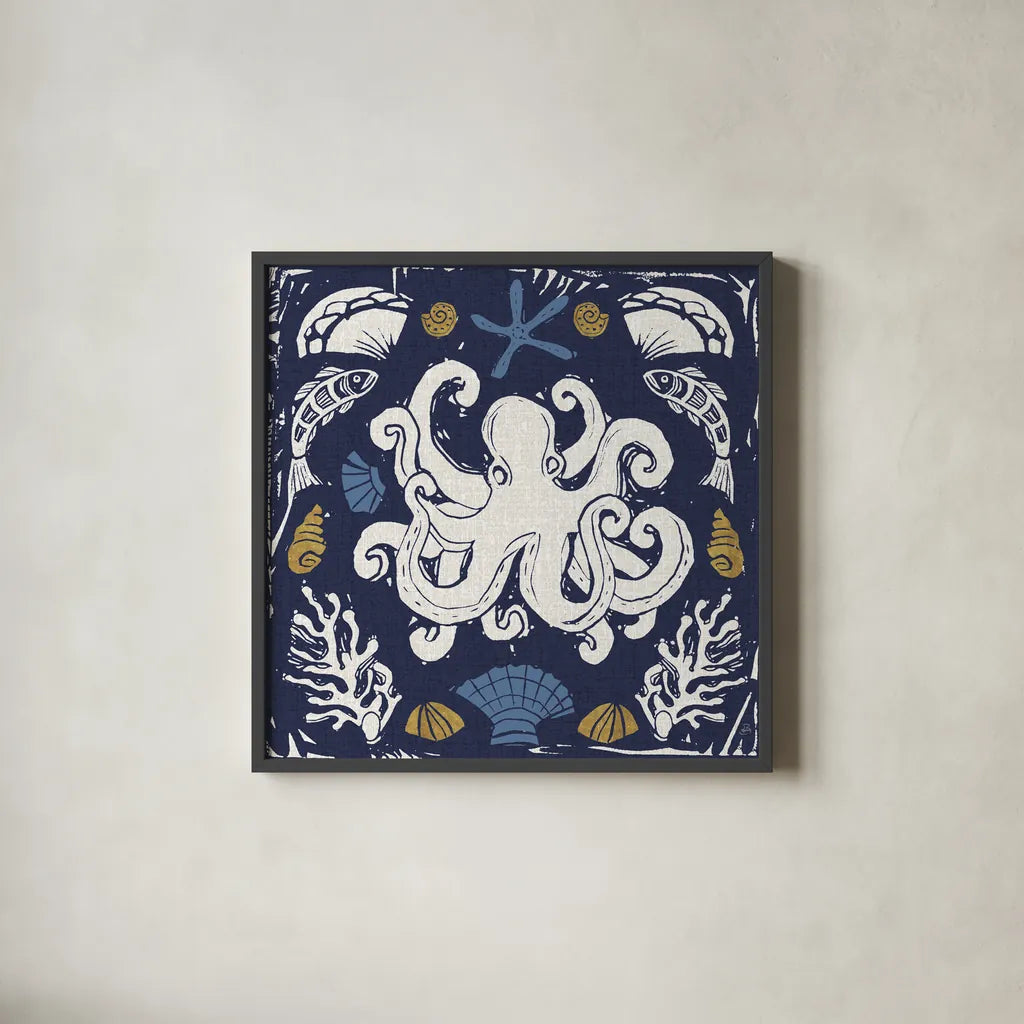 Primitive Sea IV Dark by Daphne Brissonnet. Shown in a sleek black glass frame for a contemporary gallery look. Available as an archival giclee rolled canvas, fine art paper, or poster print. SKU 63865a.