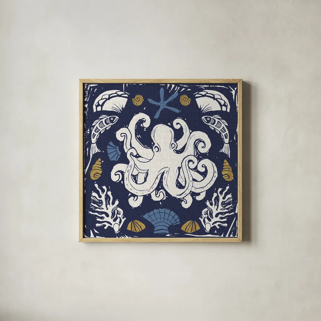 Primitive Sea IV Dark by Daphne Brissonnet. Shown in a natural wood glass frame for a timeless modern aesthetic. Available as an archival giclee rolled canvas, fine art paper, or poster print. SKU 63865a.