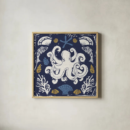 Primitive Sea IV Dark by Daphne Brissonnet. Shown in a natural wood glass frame for a timeless modern aesthetic. Available as an archival giclee rolled canvas, fine art paper, or poster print. SKU 63865a.