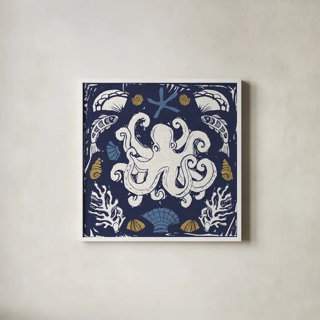 Primitive Sea IV Dark by Daphne Brissonnet. Shown in a crisp white glass frame for a clean and minimalist style. Available as an archival giclee rolled canvas, fine art paper, or poster print. SKU 63865a.