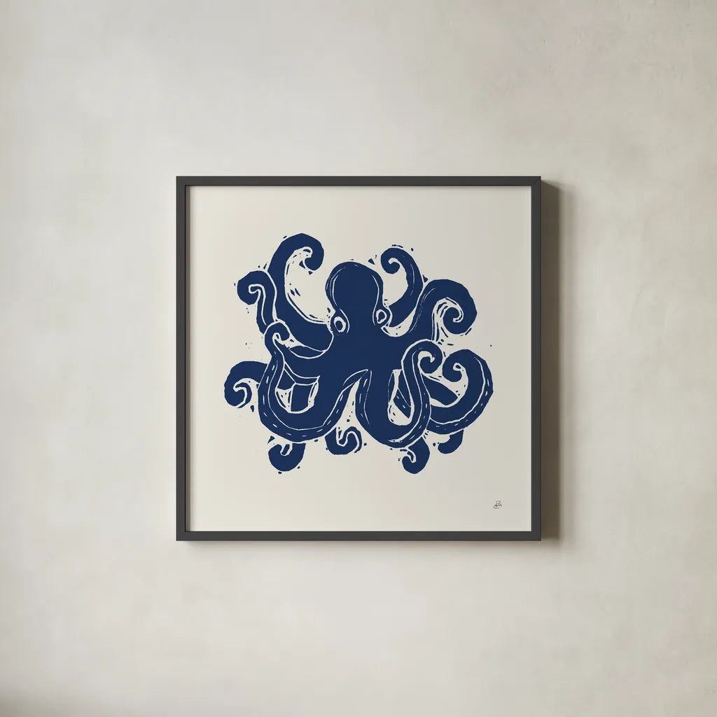 Primitive Sea IV Navy by Daphne Brissonnet. Shown in a sleek black glass frame for a contemporary gallery look. Available as an archival giclee rolled canvas, fine art paper, or poster print. SKU 65666a.