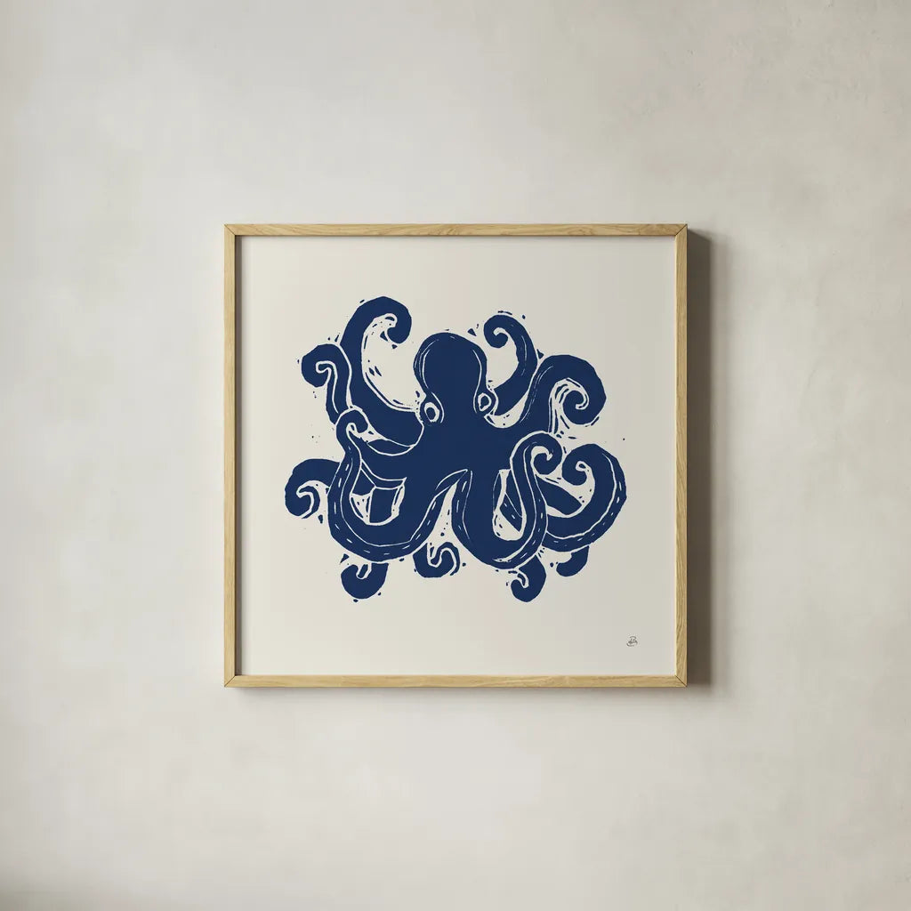 Primitive Sea IV Navy by Daphne Brissonnet. Shown in a natural wood glass frame for a timeless modern aesthetic. Available as an archival giclee rolled canvas, fine art paper, or poster print. SKU 65666a.