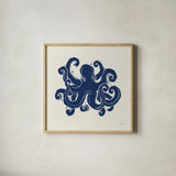 Primitive Sea IV Navy by Daphne Brissonnet. Shown in a natural wood glass frame for a timeless modern aesthetic. Available as an archival giclee rolled canvas, fine art paper, or poster print. SKU 65666a.