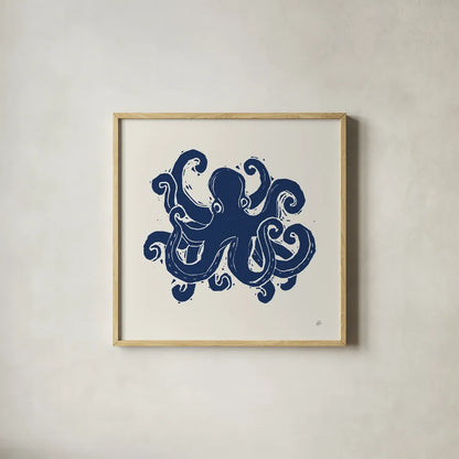 Primitive Sea IV Navy by Daphne Brissonnet. Shown in a natural wood glass frame for a timeless modern aesthetic. Available as an archival giclee rolled canvas, fine art paper, or poster print. SKU 65666a.