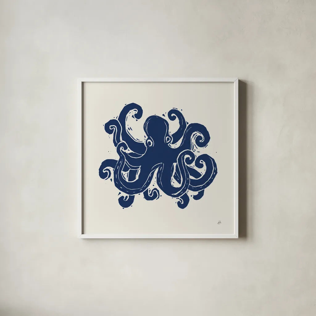 Primitive Sea IV Navy by Daphne Brissonnet. Shown in a crisp white glass frame for a clean and minimalist style. Available as an archival giclee rolled canvas, fine art paper, or poster print. SKU 65666a.
