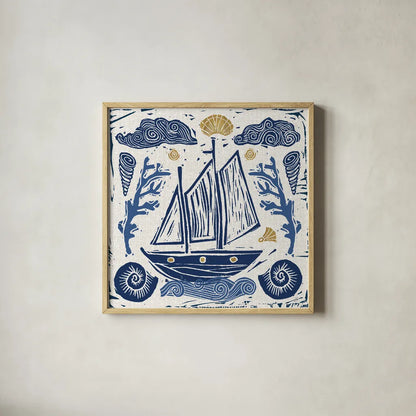 Primitive Sea V by Daphne Brissonnet. Shown in a natural wood glass frame for a timeless modern aesthetic. Available as an archival giclee rolled canvas, fine art paper, or poster print. SKU 63858a.