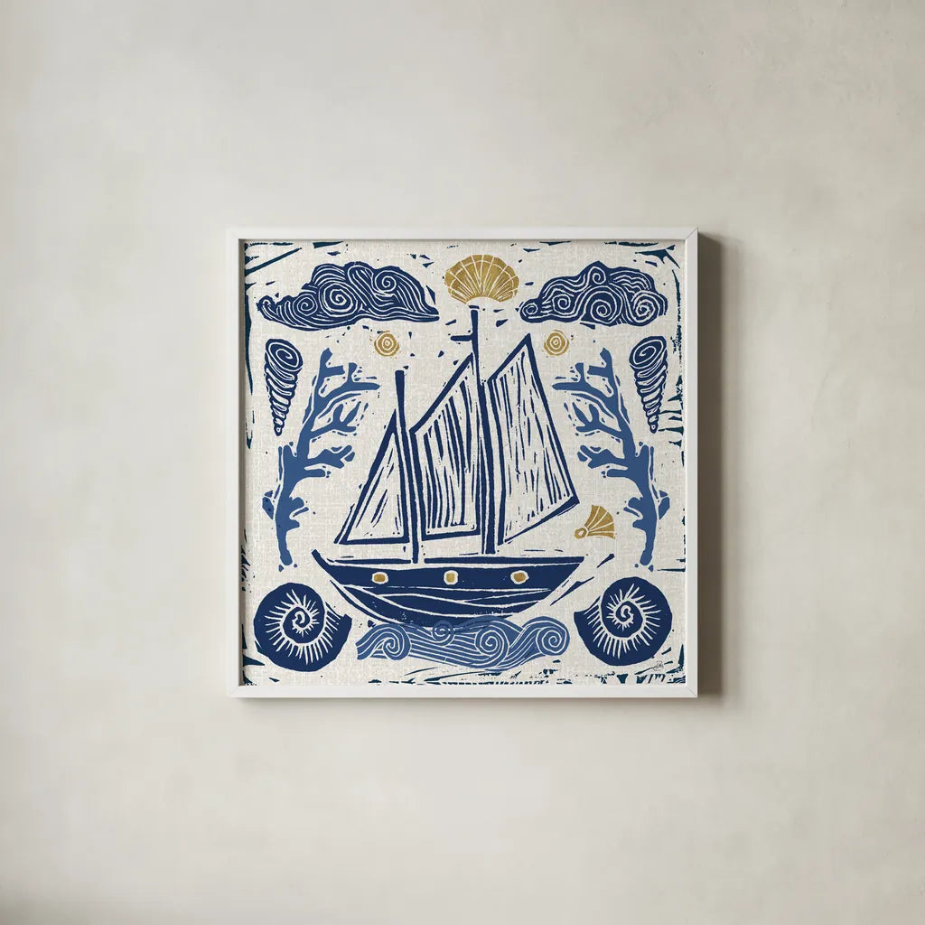 Primitive Sea V by Daphne Brissonnet. Shown in a crisp white glass frame for a clean and minimalist style. Available as an archival giclee rolled canvas, fine art paper, or poster print. SKU 63858a.