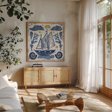 Primitive Sea V by Daphne Brissonnet. Shown in a natural wood frame in a cozy modern living room. Available as an archival giclee rolled canvas, fine art paper, or poster print. SKU 63858a.
