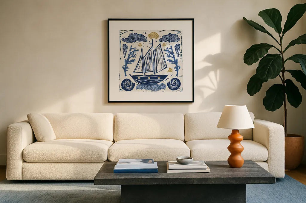 Primitive Sea V by Daphne Brissonnet. Displayed in a glass frame with matte in a clean modern living room. Available as an archival giclee rolled canvas, fine art paper, or poster print. SKU 63858a.
