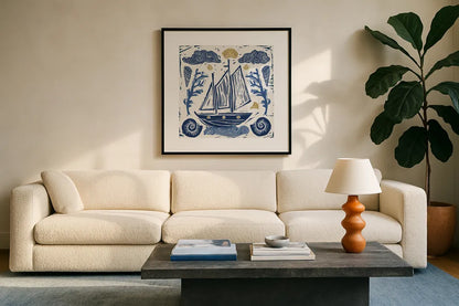 Primitive Sea V by Daphne Brissonnet. Displayed in a glass frame with matte in a clean modern living room. Available as an archival giclee rolled canvas, fine art paper, or poster print. SKU 63858a.