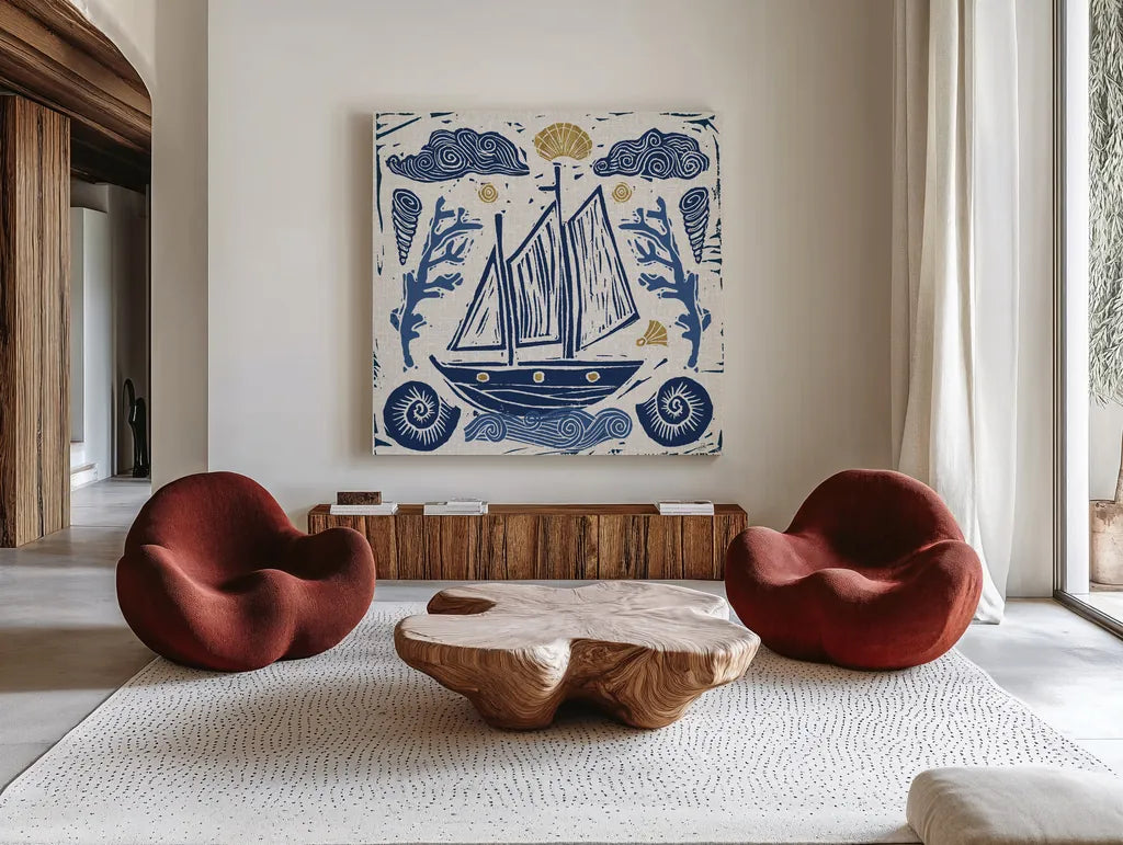 Primitive Sea V by Daphne Brissonnet. Shown as extra-large giant wall art in a modern living room. Available as an archival giclee rolled canvas, fine art paper, or poster print. SKU 63858a.