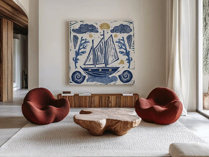 Primitive Sea V by Daphne Brissonnet. Shown as extra-large giant wall art in a modern living room. Available as an archival giclee rolled canvas, fine art paper, or poster print. SKU 63858a.