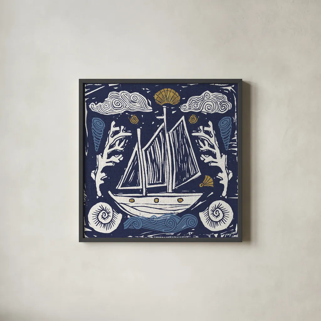 Primitive Sea V Dark by Daphne Brissonnet. Shown in a sleek black glass frame for a contemporary gallery look. Available as an archival giclee rolled canvas, fine art paper, or poster print. SKU 63866a.