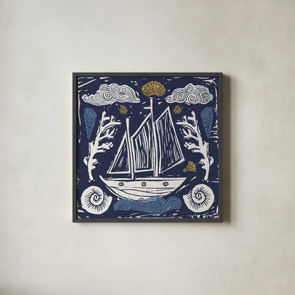 Primitive Sea V Dark by Daphne Brissonnet. Shown in a sleek black glass frame for a contemporary gallery look. Available as an archival giclee rolled canvas, fine art paper, or poster print. SKU 63866a.