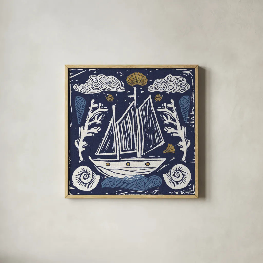 Primitive Sea V Dark by Daphne Brissonnet. Shown in a natural wood glass frame for a timeless modern aesthetic. Available as an archival giclee rolled canvas, fine art paper, or poster print. SKU 63866a.