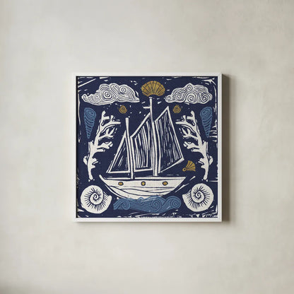 Primitive Sea V Dark by Daphne Brissonnet. Shown in a crisp white glass frame for a clean and minimalist style. Available as an archival giclee rolled canvas, fine art paper, or poster print. SKU 63866a.