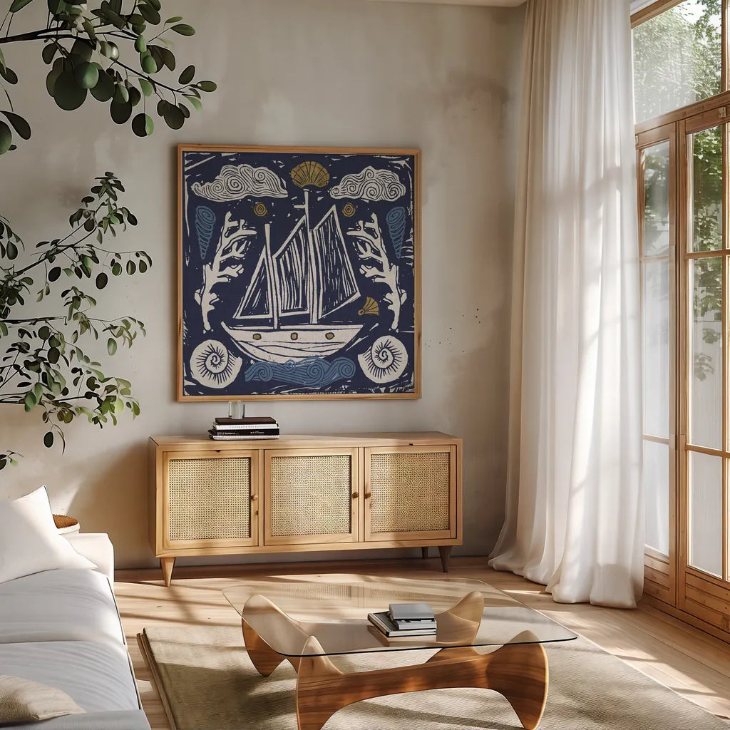 Primitive Sea V Dark by Daphne Brissonnet. Shown in a natural wood frame in a cozy modern living room. Available as an archival giclee rolled canvas, fine art paper, or poster print. SKU 63866a.