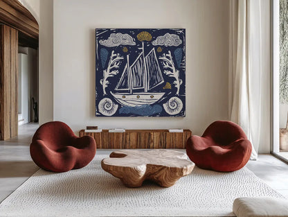 Primitive Sea V Dark by Daphne Brissonnet. Shown as extra-large giant wall art in a modern living room. Available as an archival giclee rolled canvas, fine art paper, or poster print. SKU 63866a.
