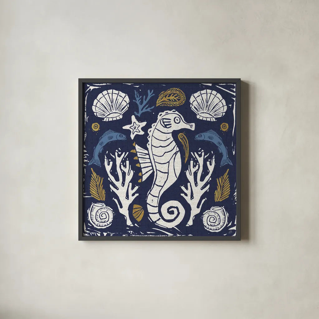 Primitive Sea VI Dark by Daphne Brissonnet. Shown in a sleek black glass frame for a contemporary gallery look. Available as an archival giclee rolled canvas, fine art paper, or poster print. SKU 63867a.